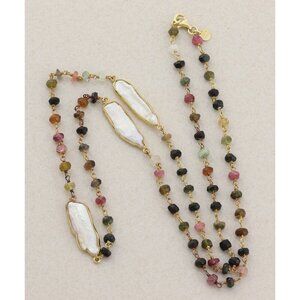 Gold Over Sterling Silver Natural Tourmaline and Keshi Pearl Necklace 24"